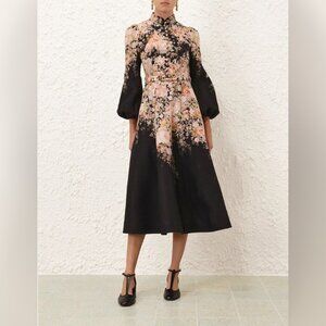 NWOT ！Zimmermann Black Rococo Floral Illustration Buttoned Midi Dress